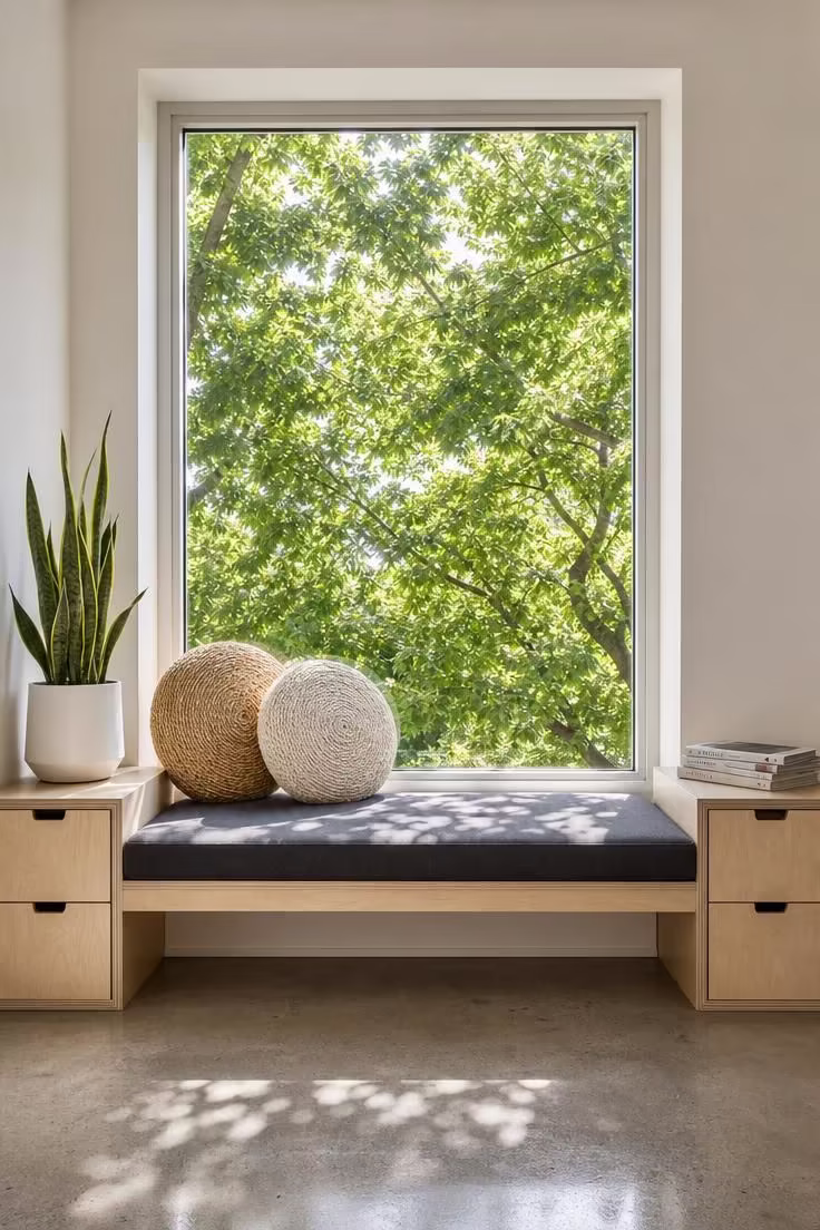Two birch plywood storage boxes framing a picture window with a plywood plank bench, charcoal canvas cushion, and a bright midday view of a tree canopy.