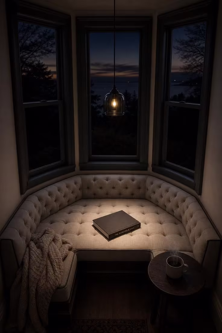 An overhead view of a tufted dove linen banquette fitted into a deep bay window at dusk, with charcoal contrast piping, a pendant lamp, and a knit throw pooled in one corner.