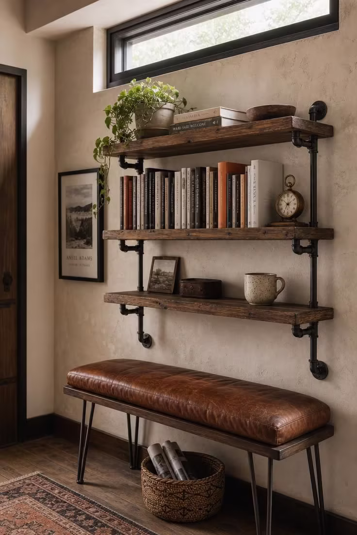Iron pipe shelving with reclaimed wood planks beside a tall transom window, with a saddle leather cushion on a hairpin-leg bench beneath, in soft diffused light.
