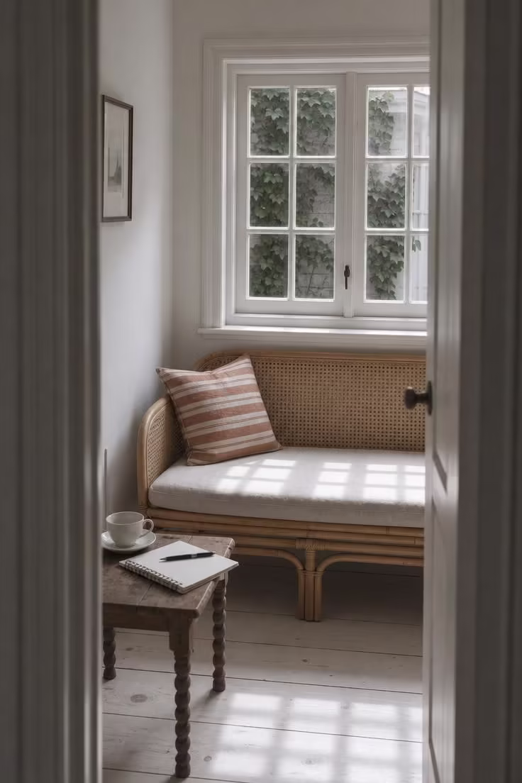 A natural rattan bench with cane webbing beneath a white mullion window on an overcast day, framed through a doorway with a linen seat pad and a terracotta stripe lumbar pillow.