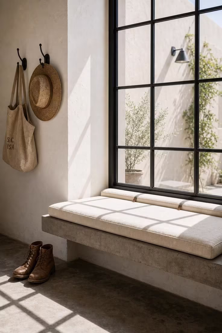 A wide view of a poured concrete bench extending from a black steel-frame window sill, with a natural canvas cushion, crisp midday shadow lines, and industrial wall hooks on an adjacent lime-washed wall.