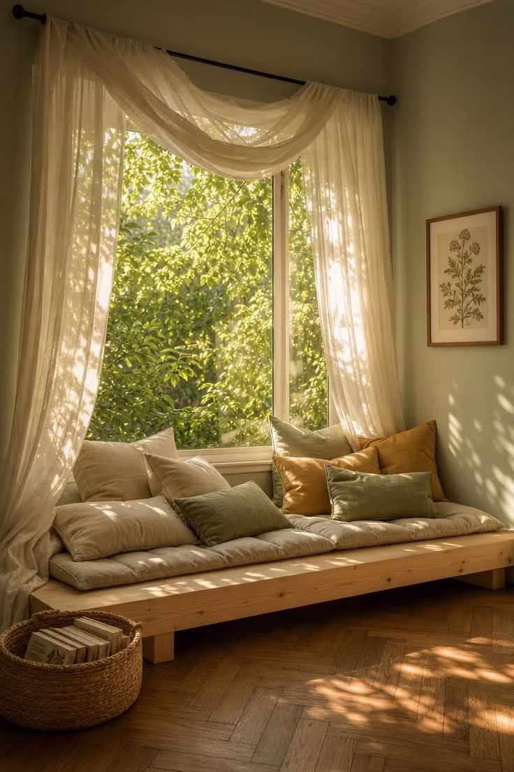A low pine platform with layered cushions in cream, sage, and mustard beneath a sheer linen curtain canopy by a garden window, bathed in warm golden-hour light filtered through close green foliage.