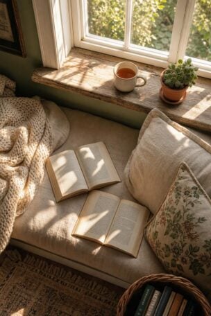 An overhead view of a sunlit window reading nook with a linen cushion, a cream knit throw, open paperbacks, and a ceramic mug on the wooden sill in warm afternoon light.