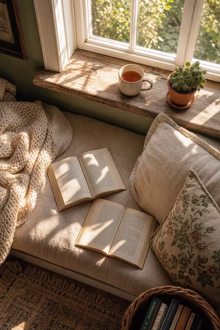Simple Spaces 14 An overhead view of a sunlit window reading nook with a linen cushion, a cream knit throw, open paperbacks, and a ceramic mug on the wooden sill in warm afternoon light.