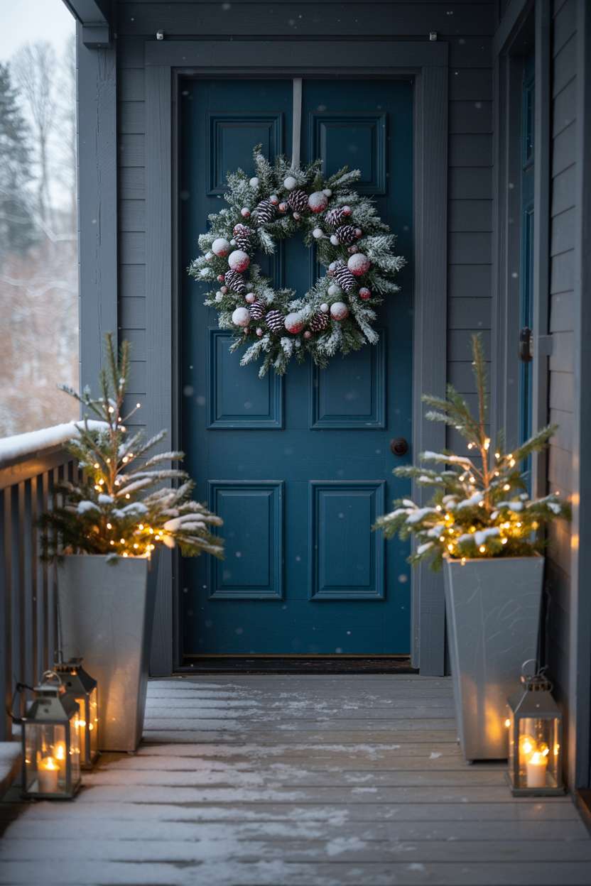 Stylish winter porch featuring a deep teal door with snow-covered wreath, flanked by evergreen planters with fairy lights on weathered grey flooring