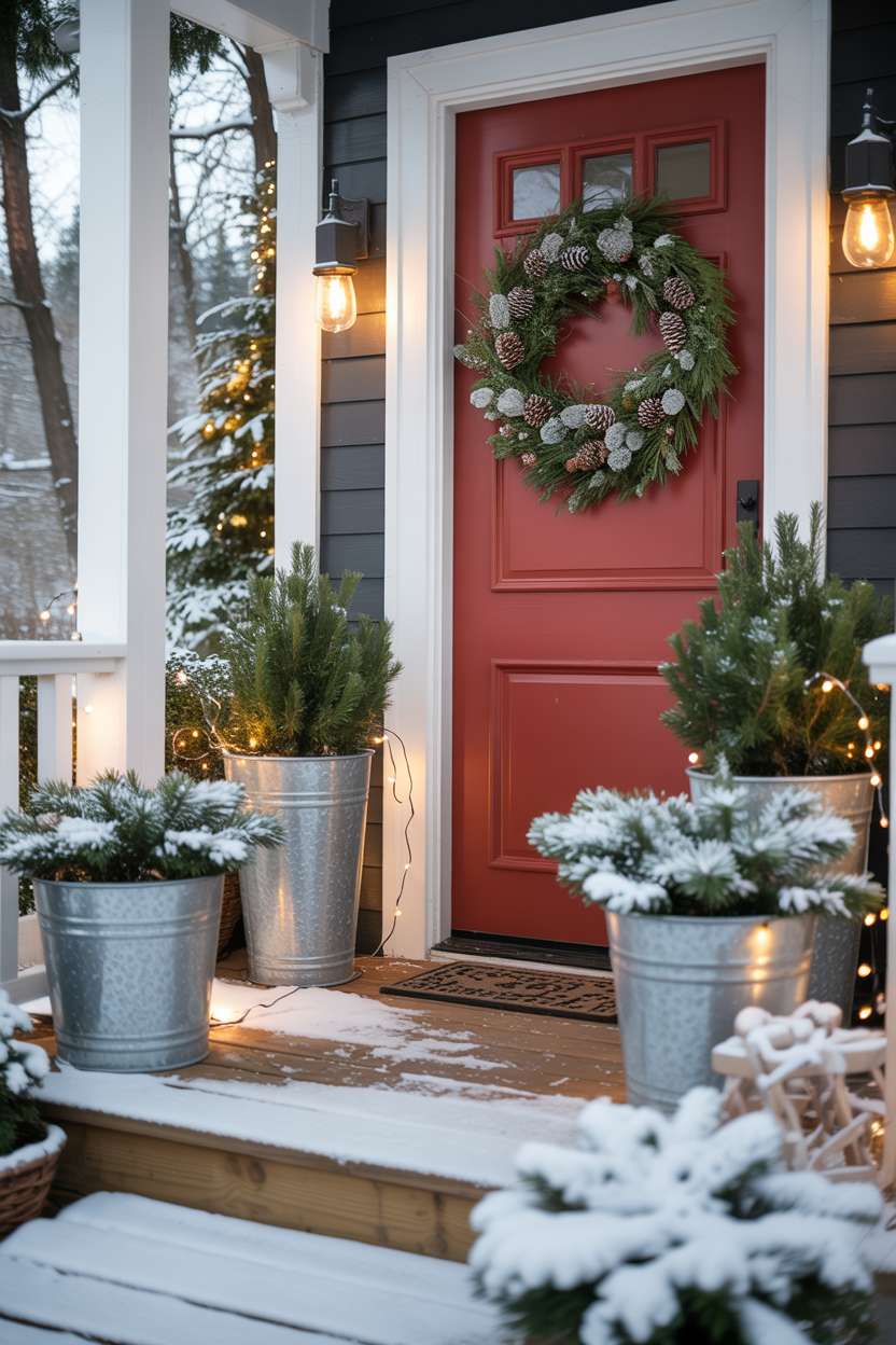 Charming winter porch with vibrant red front door adorned with pine wreath, galvanized metal planters, and subtle string lighting