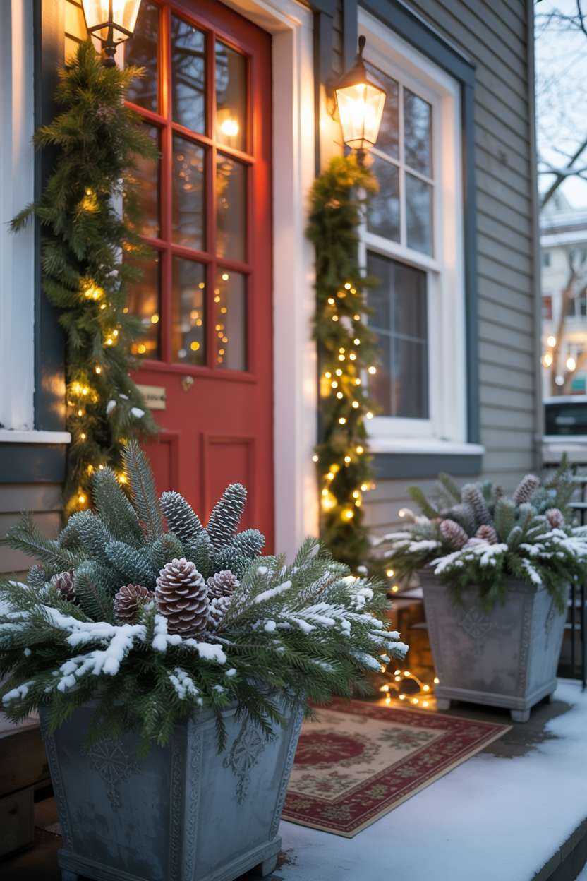 City porch featuring bright red door with snow-covered planters filled with evergreen boughs and warm yellow string lights