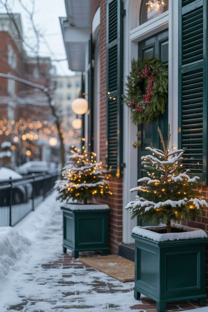 City porch with deep emerald green door, festive pine wreath with red berries, and snow-covered planters with fairy lights