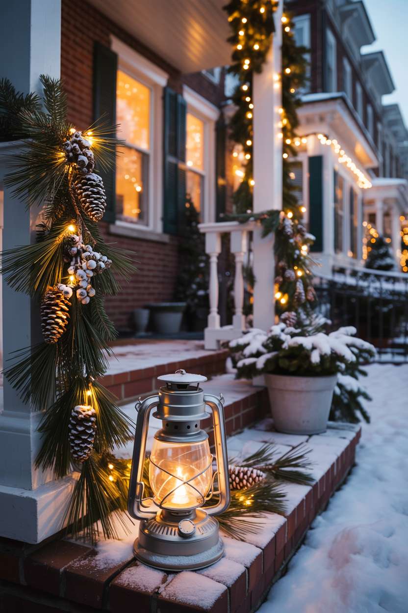 Winter city porch with evergreen garlands featuring golden pinecones, vintage lantern on steps, and scattered potted evergreens