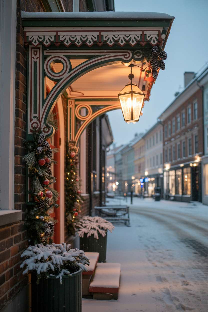 Snow-covered porch with intricate gingerbread trim in red and green, pine cone garlands, and elegant hanging lantern