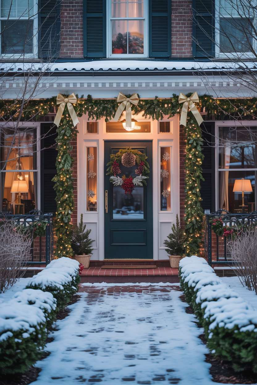 Winter city porch with evergreen garlands, twinkling fairy lights, elegant gold bows, and crimson berry wreath