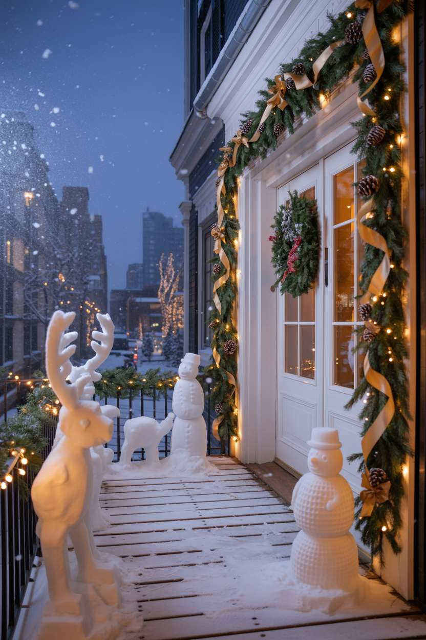 Elegant city porch featuring carved snow sculptures of reindeer and snowmen with warm string lights and evergreen garland