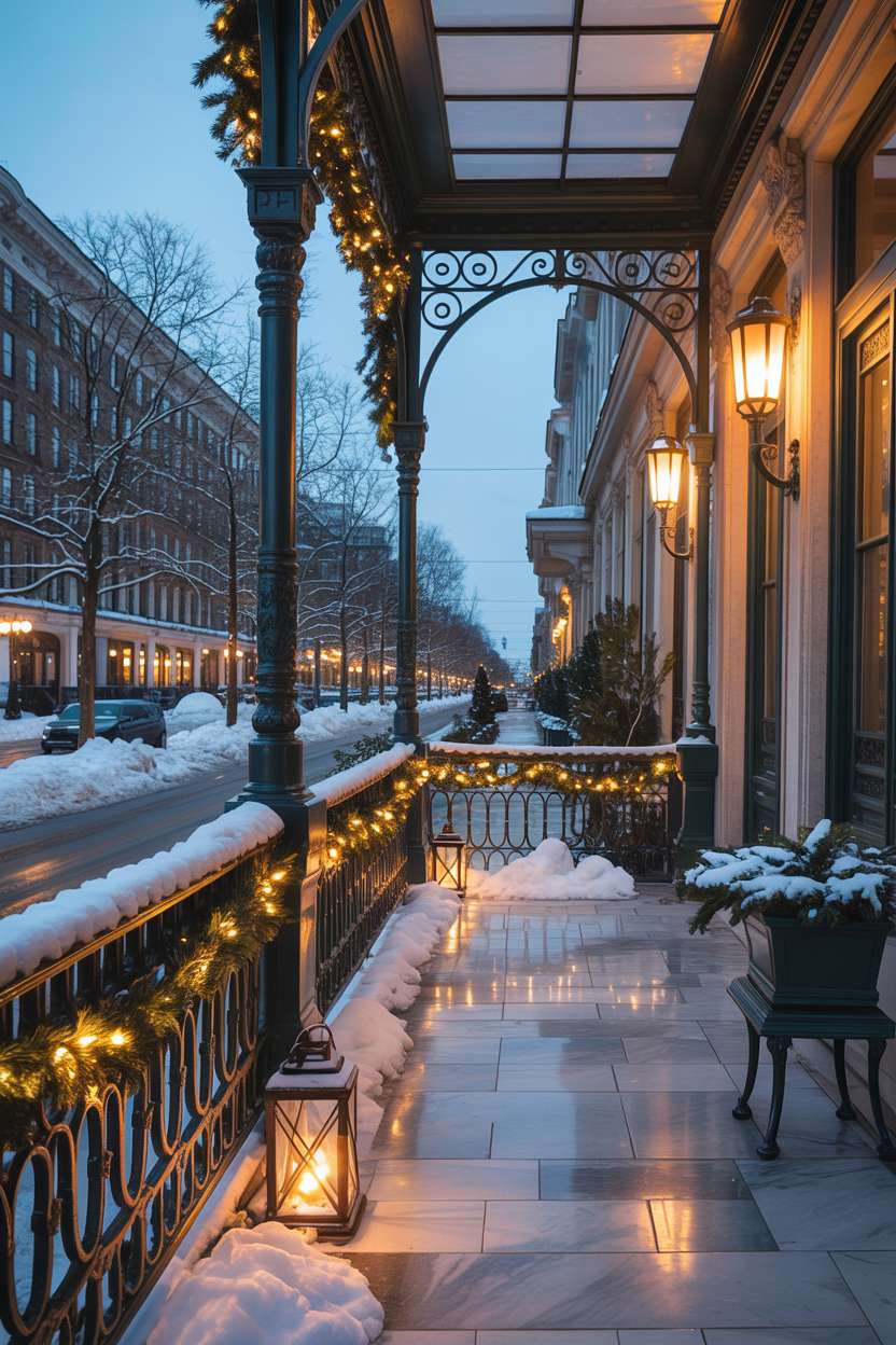 Grand snow-covered porch with forest green wrought-iron railings, pine garlands, string lights, and ornate lanterns on marble flooring
