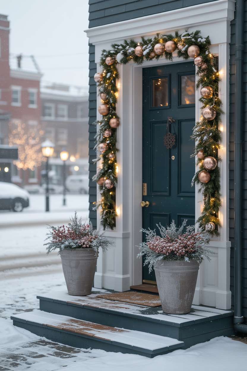 Winter city porch with deep teal door, snow-dusted garlands, copper-toned ornaments, and ceramic planters with frosted berries
