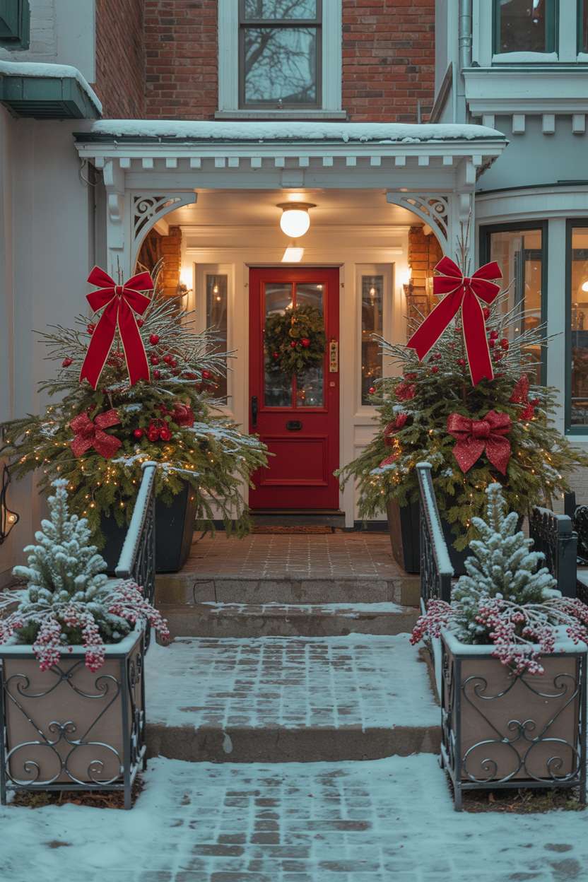 Winter porch viewed from across street showing potted evergreen trees with white fairy lights, oversized crimson bows, and wrought-iron planters