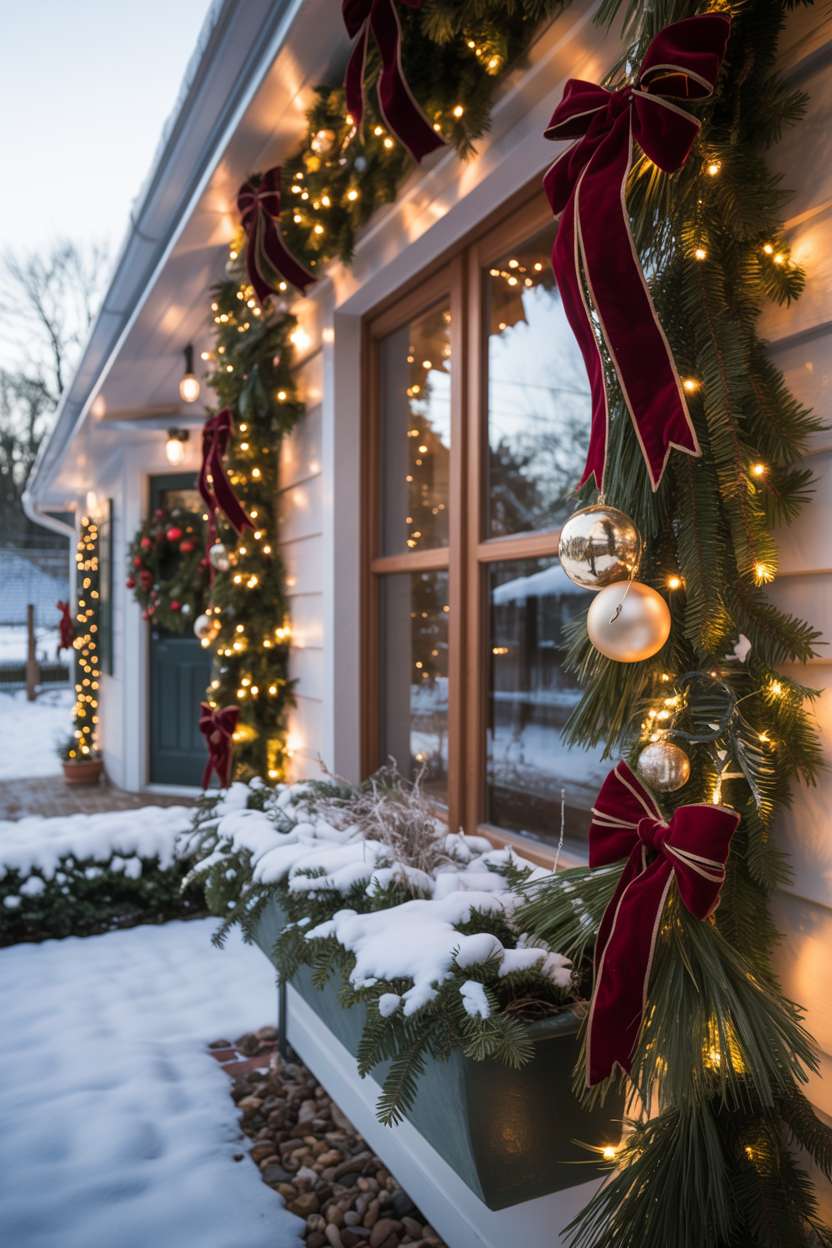 Winter porch featuring pine garland with white fairy lights, red velvet bows, frosted window box with winter greenery
