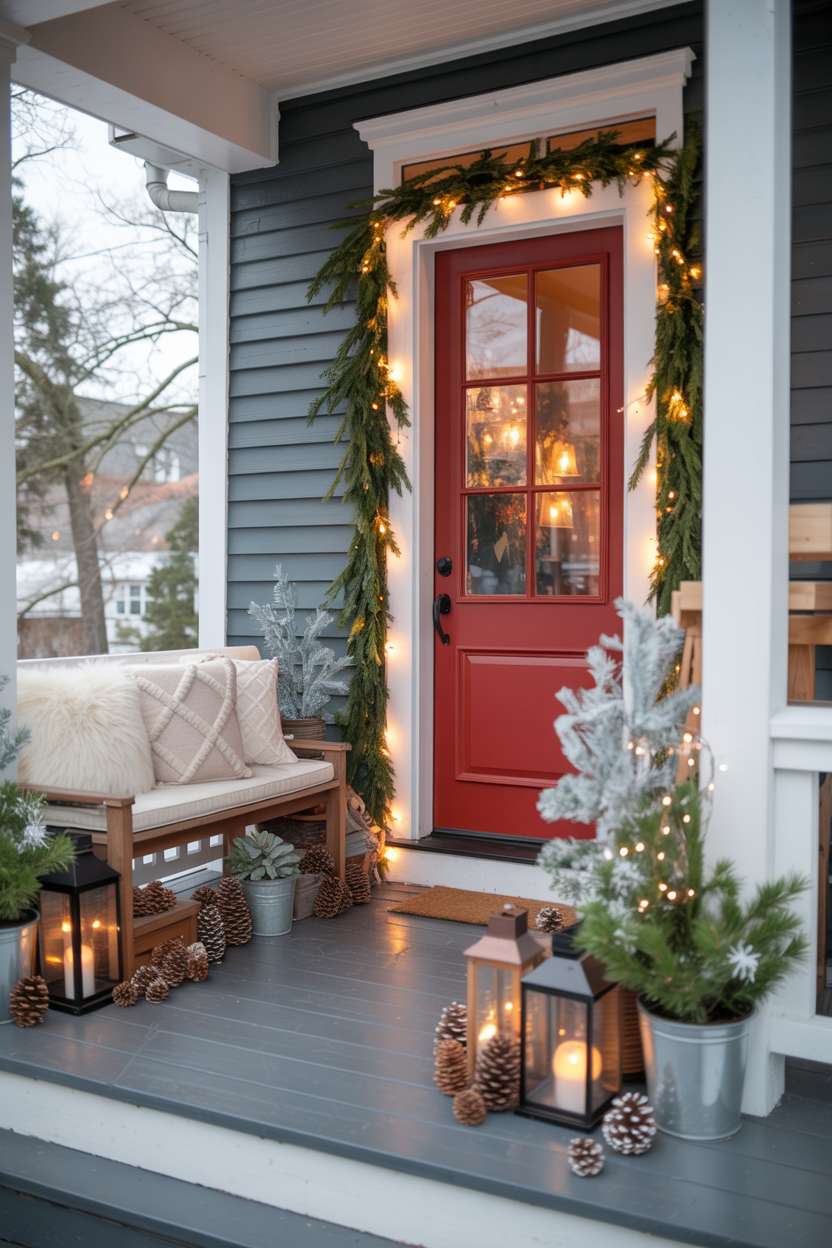 Winter porch with bright red door, evergreen garlands, warm string lights, potted winter greens, rustic lanterns, and cream pillows on bench