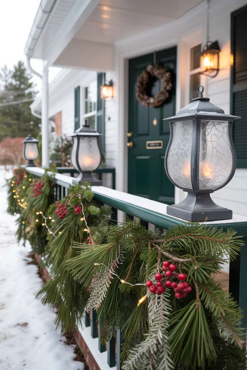 Front porch with deep forest green door, pine and red berry garland, warm white fairy lights, and frosted glass lanterns