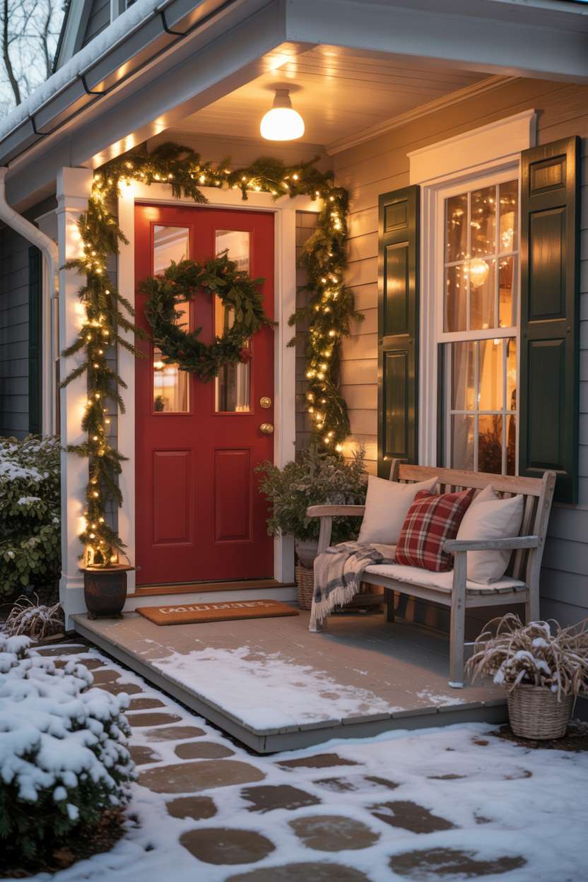 Winter porch featuring bright red door with evergreen garlands, stone pathway, rustic wooden bench with plaid pillows and cozy throw blanket