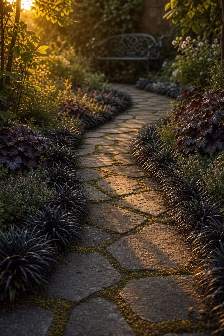 11 Witchy Backyard Ideas That Cast a Moody Spell Outdoors 1 Black mondo grass lining both sides of a winding flagstone garden path in warm golden afternoon light with moss between the stones.