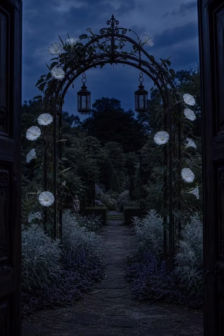 11 Witchy Backyard Ideas That Cast a Moody Spell Outdoors 2 A wrought iron arbor draped with white moonflower vines in moody low light with iron lanterns hanging from the crossbar.