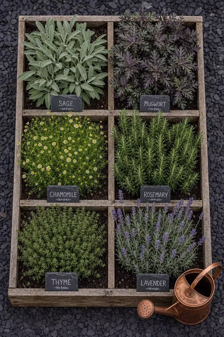 11 Witchy Backyard Ideas That Cast a Moody Spell Outdoors 3 Overhead view of a divided raised herb garden with six herbs in separate sections and hand-lettered slate plant markers in bright midday light.