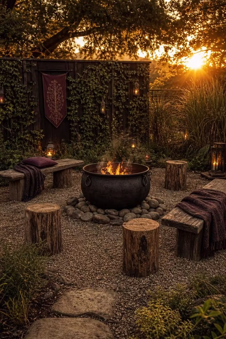 11 Witchy Backyard Ideas That Cast a Moody Spell Outdoors 4 A cast iron cauldron fire pit on a gravel clearing surrounded by tree stump stools and weathered benches in warm golden light.