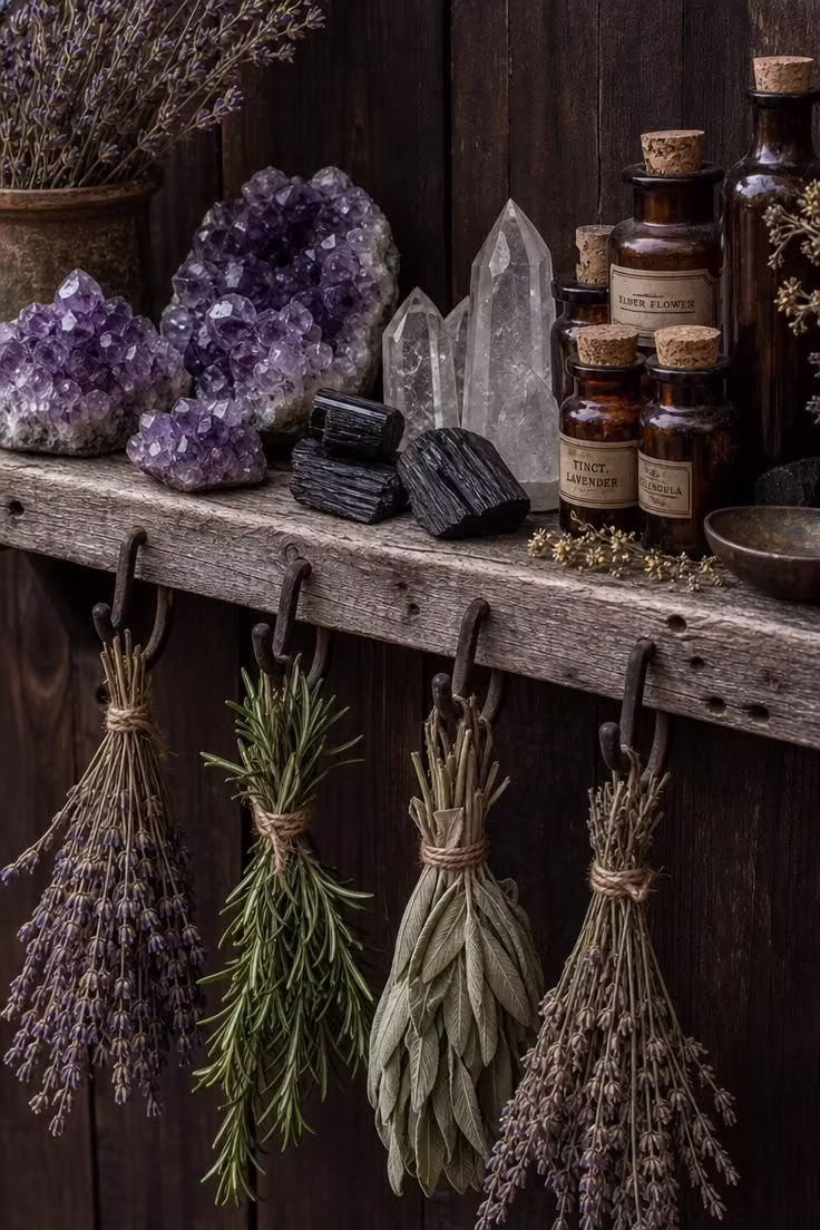 11 Witchy Backyard Ideas That Cast a Moody Spell Outdoors 5 Close-up of a reclaimed wood outdoor shelf with dried herb bundles hanging below and crystal clusters and apothecary bottles displayed on top in soft diffused light.