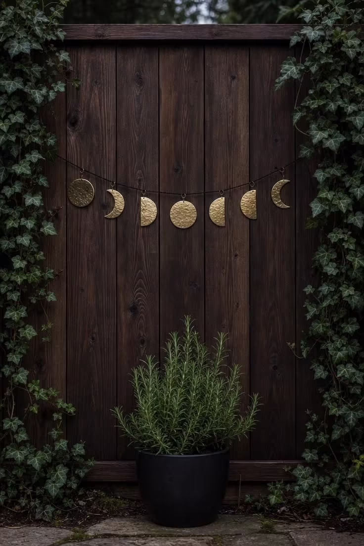 11 Witchy Backyard Ideas That Cast a Moody Spell Outdoors 6 A hammered brass moon phase garland strung across a dark walnut-stained cedar fence with trailing ivy on both sides in cool morning light.