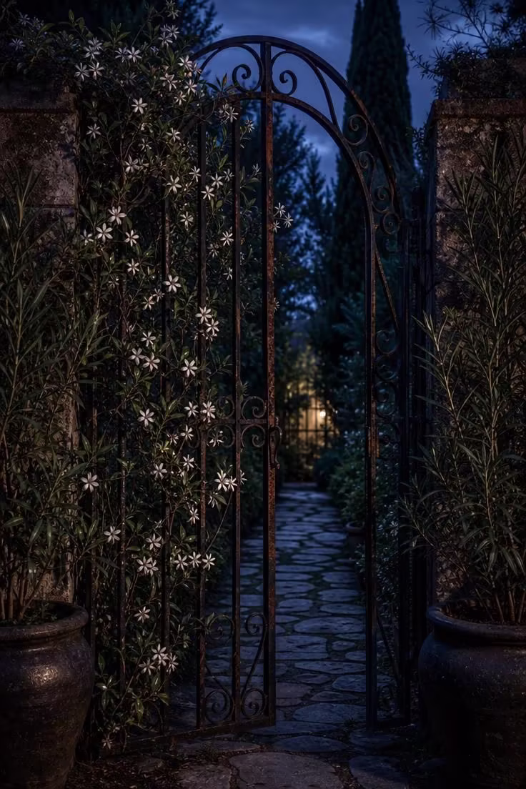 11 Witchy Backyard Ideas That Cast a Moody Spell Outdoors 7 Night-blooming jasmine trained through a vintage iron gate in low dusky light with a stone path visible through the partially open gate.