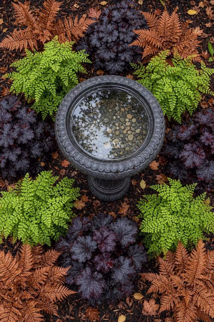 11 Witchy Backyard Ideas That Cast a Moody Spell Outdoors 8 Overhead view of a charcoal stone birdbath surrounded by maidenhair ferns, autumn ferns, and black heuchera in bright midday light.