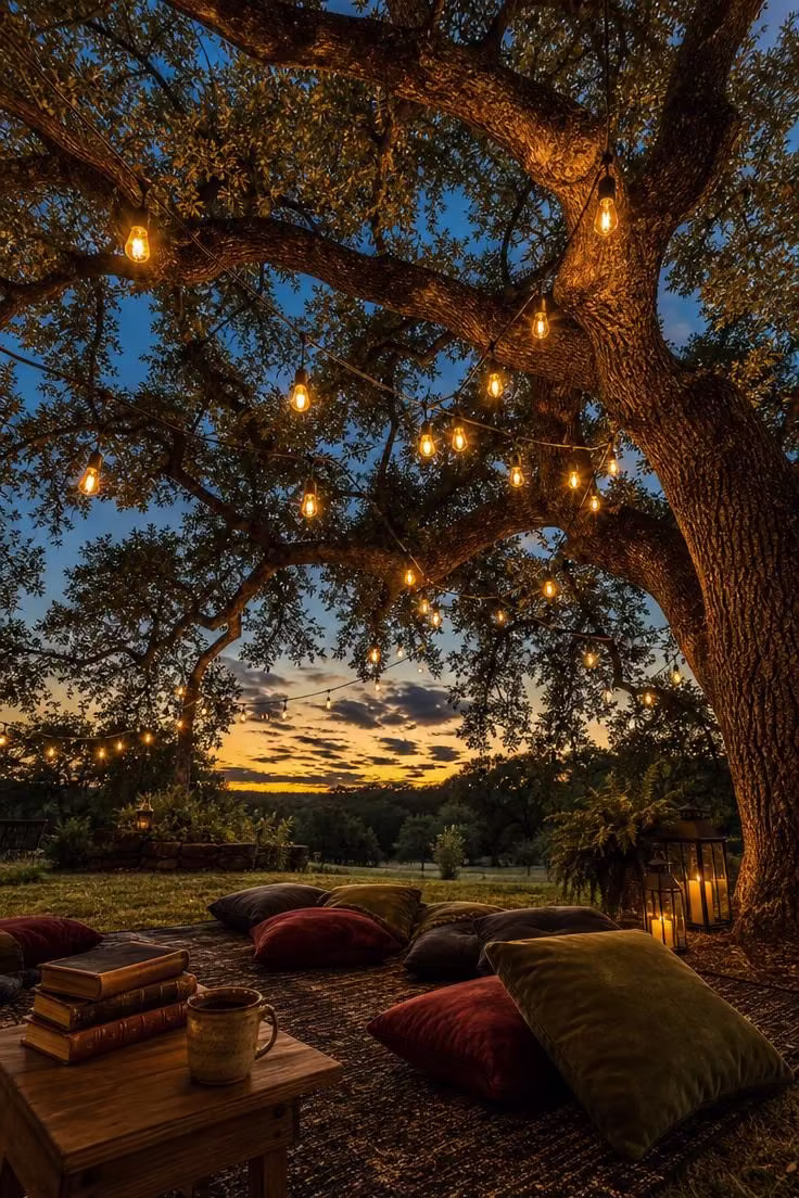 11 Witchy Backyard Ideas That Cast a Moody Spell Outdoors 9 Warm Edison bulb string lights draped through low oak branches with floor cushions and a dark outdoor rug below in golden hour light.