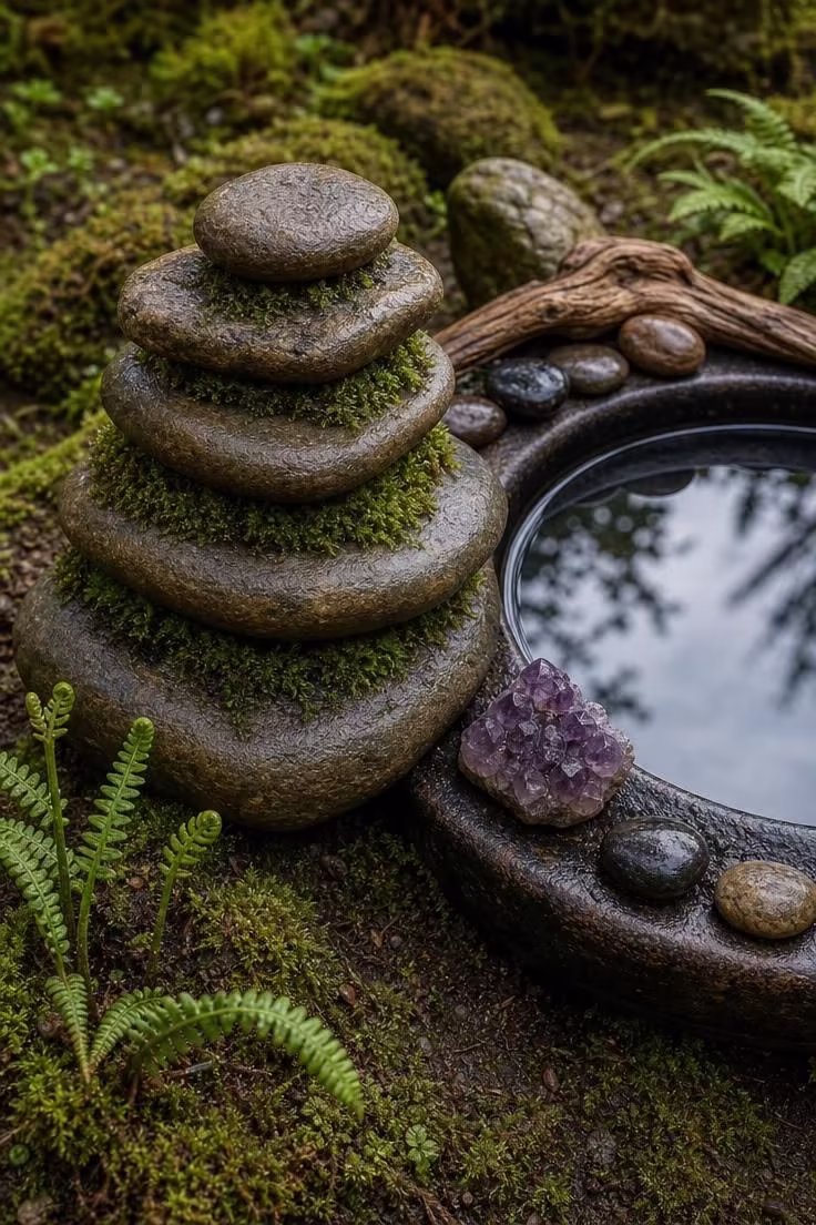 11 Witchy Backyard Ideas That Cast a Moody Spell Outdoors 10 A moss-covered stone cairn beside a shallow dark ceramic reflecting pool with amethyst and polished stones along the rim in soft diffused light.