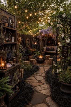 A complete witchy backyard scene at golden hour with a flagstone path, cast iron fire pit, dried herb shelf, wrought iron arbor with moonflower, and Edison bulb string lights glowing in the trees.