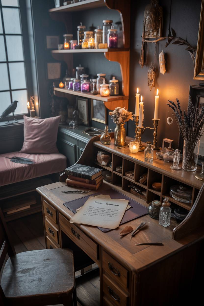 29 Witchy Bedroom Ideas to Create a Magical Sanctuary 1 A cozy witch's bedroom featuring a vintage wooden writing desk surrounded by dried herbs, antique books, and glowing candles