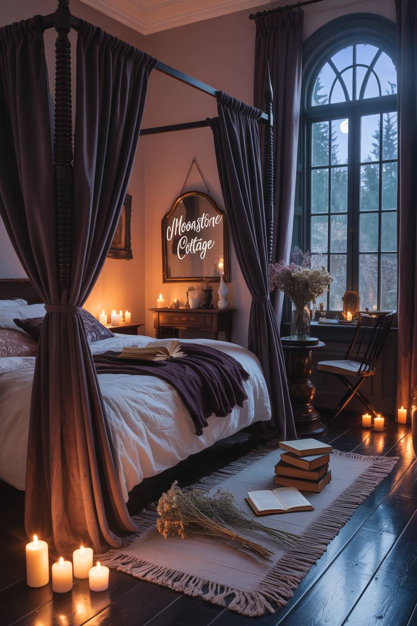 29 Witchy Bedroom Ideas to Create a Magical Sanctuary 2 A romantic bedroom with a four-poster bed draped in dark purple velvet, complemented by vintage books and moonlit forest views