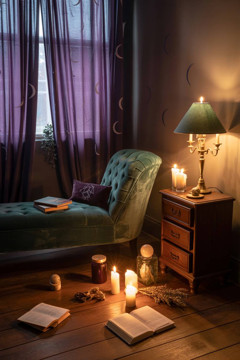 29 Witchy Bedroom Ideas to Create a Magical Sanctuary 3 A sophisticated bedroom featuring a deep emerald velvet chaise lounge beneath moon-embroidered curtains with crystal ball and brass lamp accents