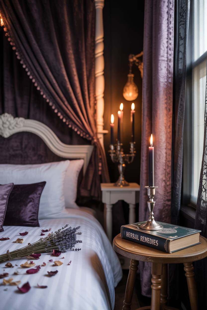 29 Witchy Bedroom Ideas to Create a Magical Sanctuary 4 A sophisticated bedroom with an ornate four-poster bed featuring dark purple velvet curtains and scattered rose petals on crisp white linens