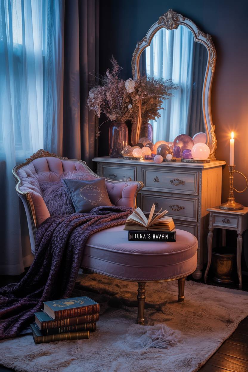 29 Witchy Bedroom Ideas to Create a Magical Sanctuary 5 A cozy bedroom centered around a plush velvet chaise lounge surrounded by antique gold-lettered books and crystal collection