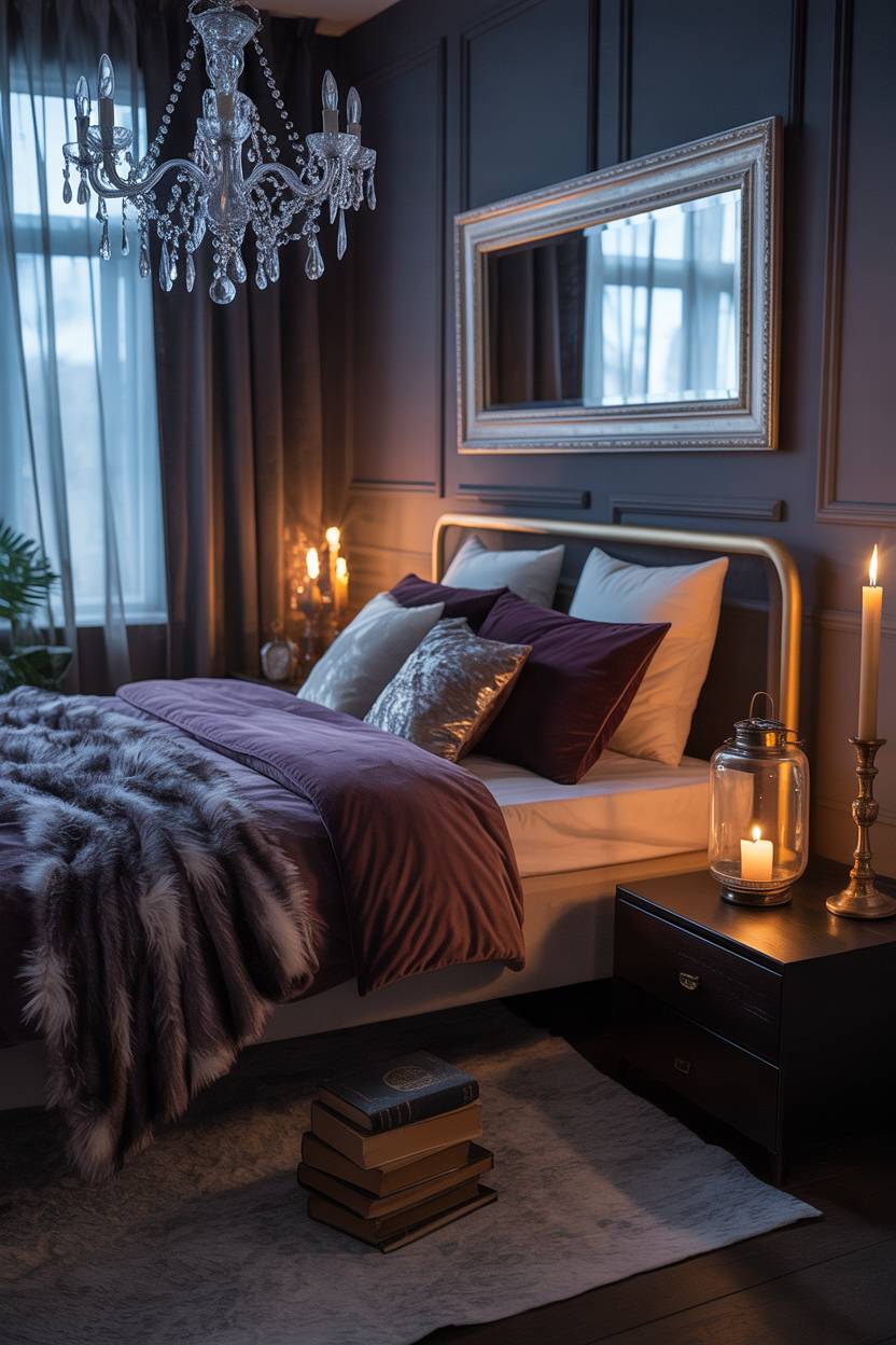 29 Witchy Bedroom Ideas to Create a Magical Sanctuary 6 A contemporary bedroom featuring a queen bed with dark purple velvet bedding under a crystal chandelier with charcoal gray walls
