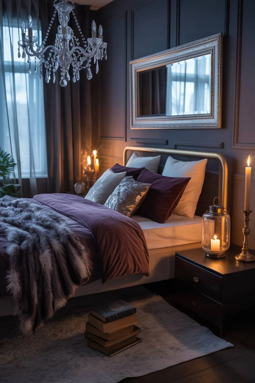 29 Witchy Bedroom Ideas to Create a Magical Sanctuary 6 A contemporary bedroom featuring a queen bed with dark purple velvet bedding under a crystal chandelier with charcoal gray walls