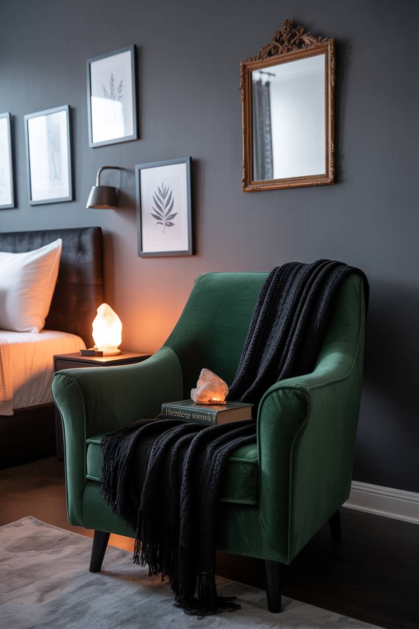 29 Witchy Bedroom Ideas to Create a Magical Sanctuary 7 A modern bedroom with a deep emerald velvet armchair as centerpiece, featuring botanical prints and warm salt lamp lighting