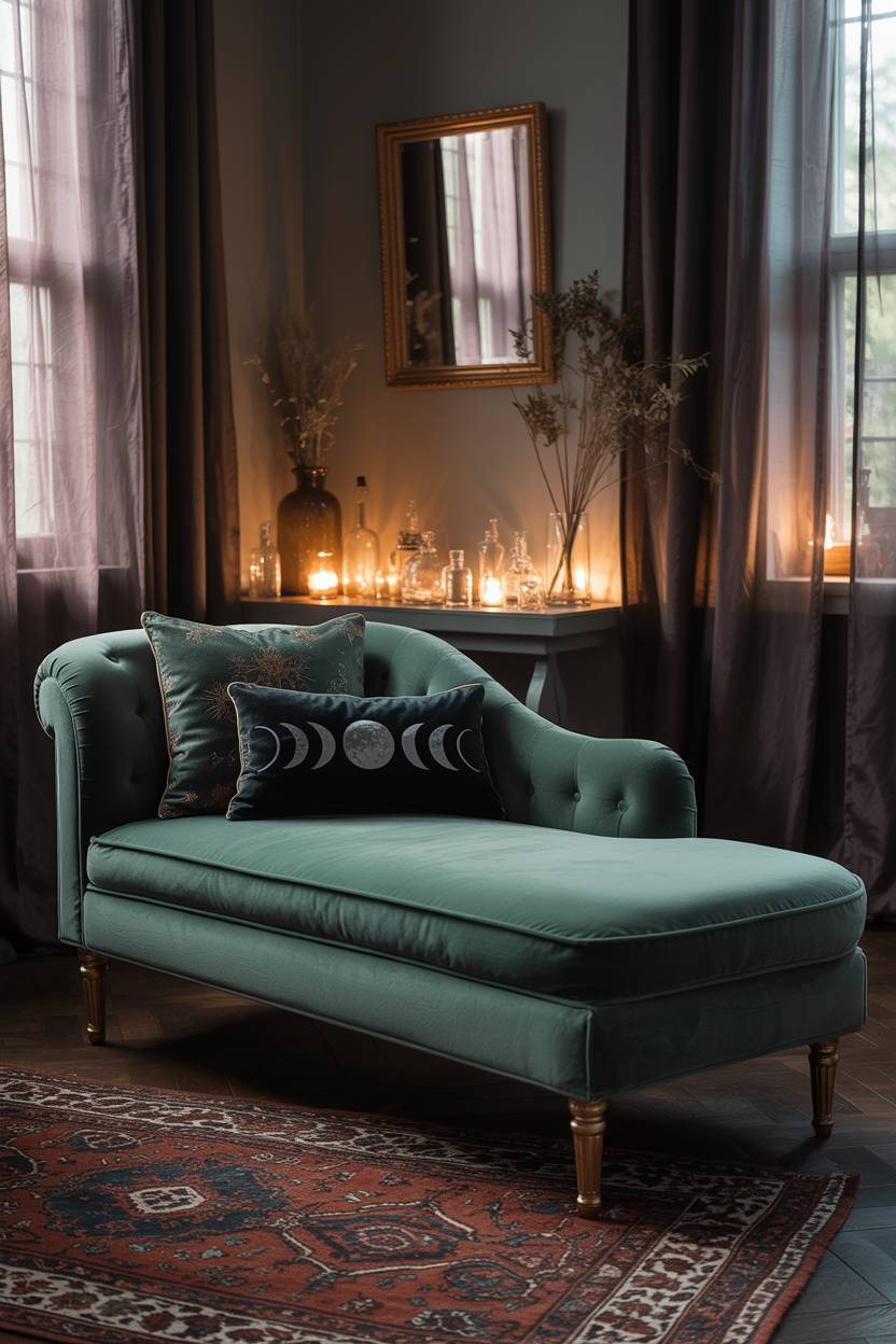 29 Witchy Bedroom Ideas to Create a Magical Sanctuary 8 A bedroom blending bohemian and witchy elements with an emerald chaise lounge, moon phase pillows, and antique apothecary bottles