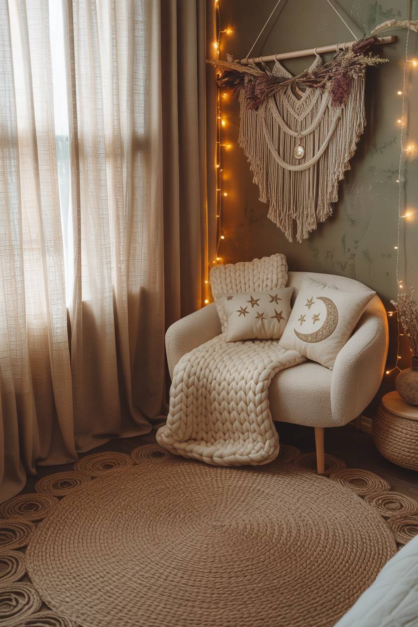 29 Witchy Bedroom Ideas to Create a Magical Sanctuary 9 A cozy bedroom featuring a large woven rug, cream armchair with celestial pillows, and macrame wall hanging with crystals