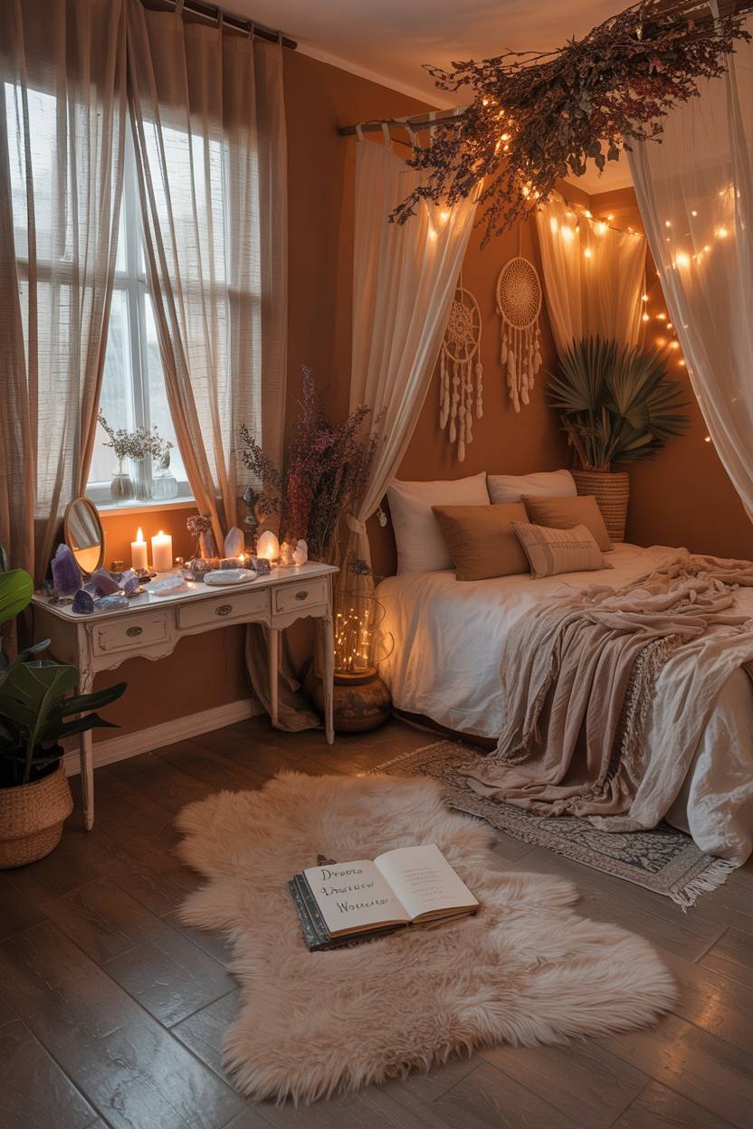 29 Witchy Bedroom Ideas to Create a Magical Sanctuary 10 A bohemian bedroom with a canopy bed draped in flowing fabrics, featuring a crystal and candle display on vintage vanity
