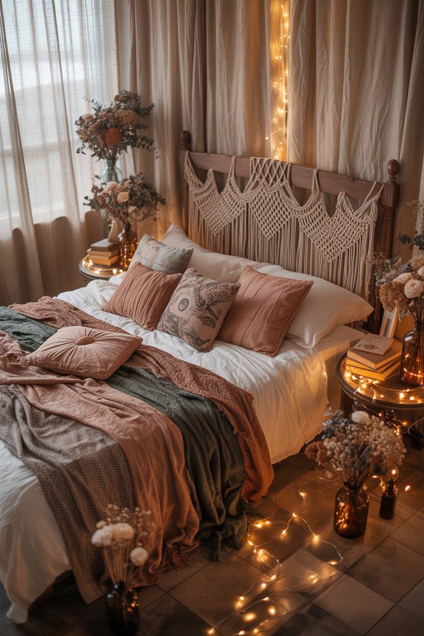 29 Witchy Bedroom Ideas to Create a Magical Sanctuary 11 A vintage wooden bed with macrame headboard layered with earthy textured blankets and illuminated by cascading fairy lights