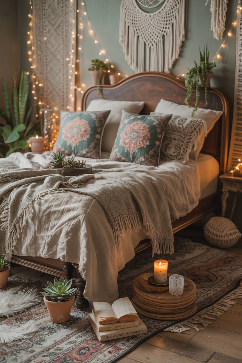 29 Witchy Bedroom Ideas to Create a Magical Sanctuary 12 A bohemian bedroom with antique wooden bed, paisley pillows, dreamcatcher, and books titled "The Secret Garden"