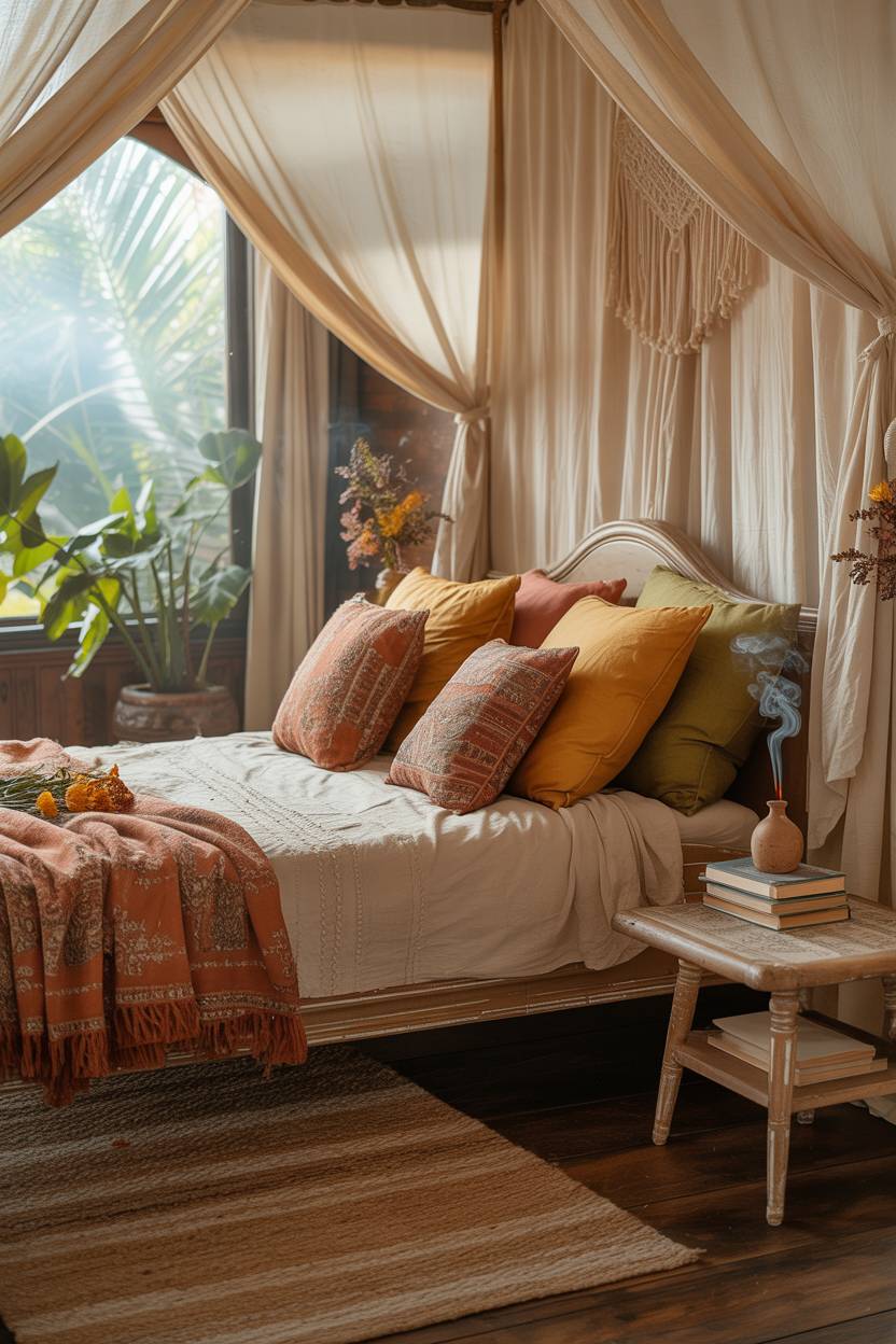 29 Witchy Bedroom Ideas to Create a Magical Sanctuary 13 A vintage canopy bed with flowing cream curtains, earthy-toned pillows, and incense holder creating mystical atmosphere