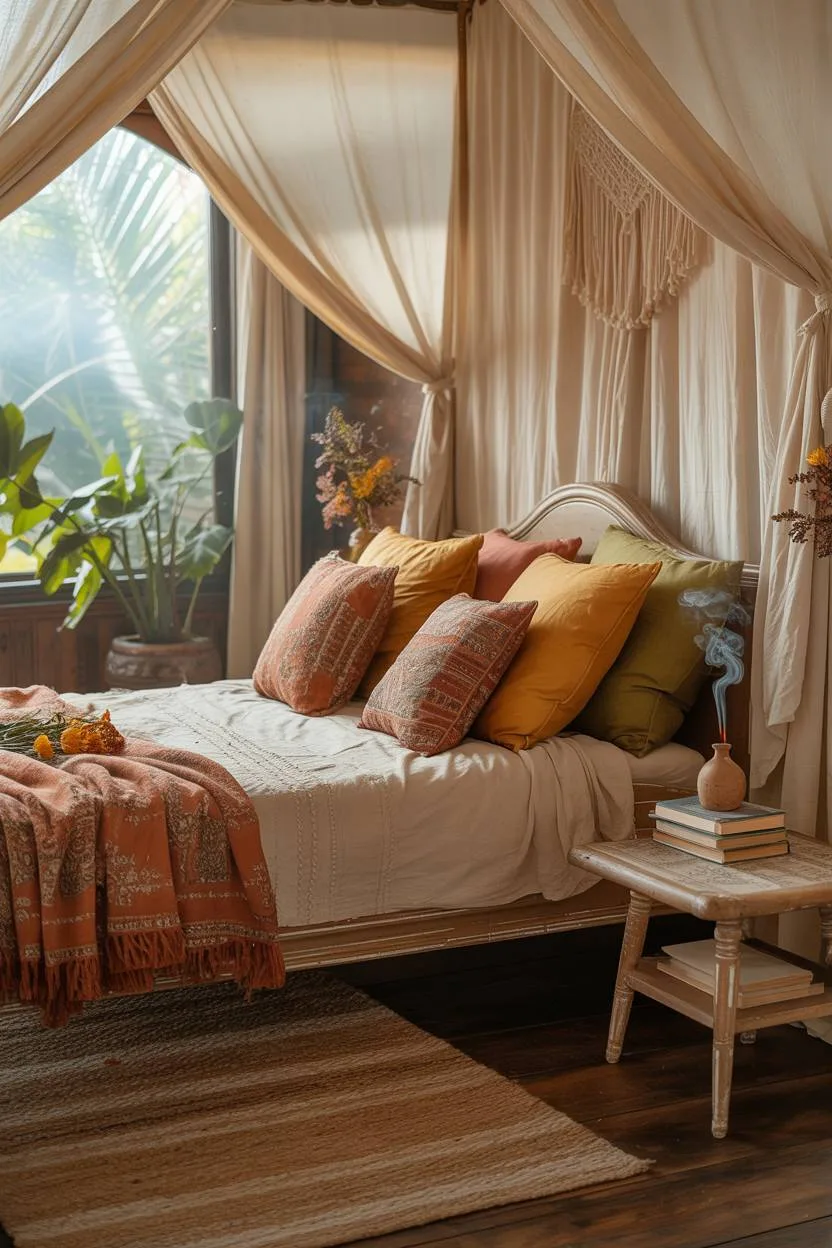 29 Witchy Bedroom Ideas to Create a Magical Sanctuary 13 A vintage canopy bed with flowing cream curtains, earthy-toned pillows, and incense holder creating mystical atmosphere
