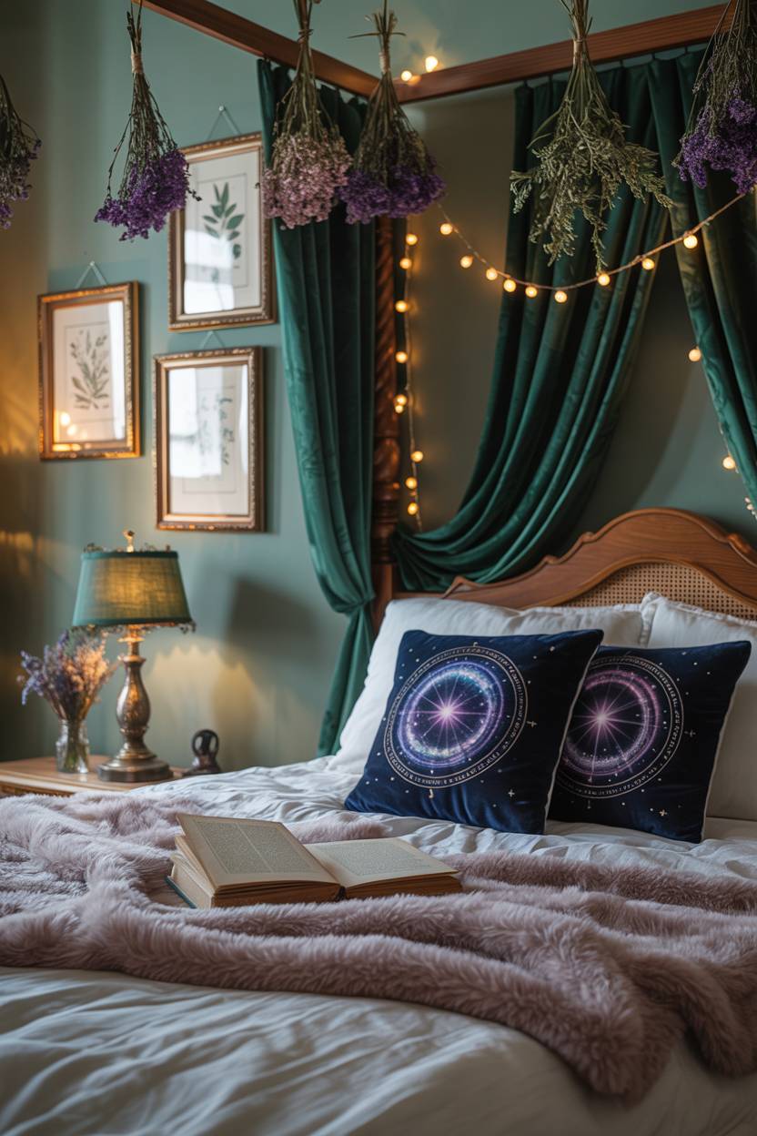 29 Witchy Bedroom Ideas to Create a Magical Sanctuary 14 A four-poster bed with emerald velvet curtains, celestial-patterned pillows, and hanging dried flowers under fairy lights